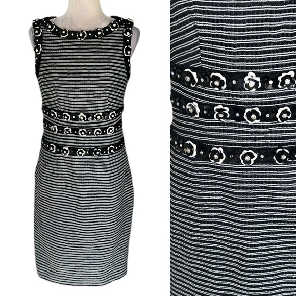 RARE Carolina Herrera Black & White Tweed Rhinestone Flower Sequin Dress - 8 - Picture 1 of 16